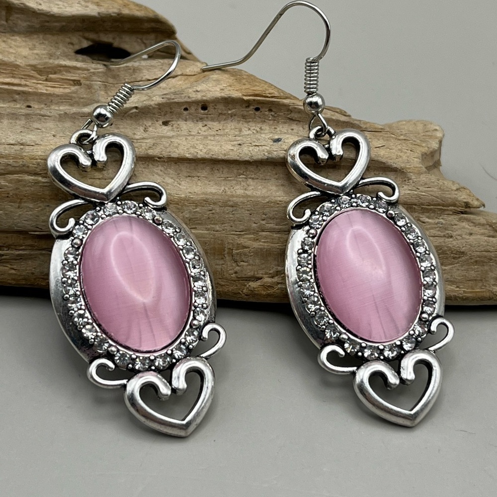 Elegant Silver and Pink Heart Earrings